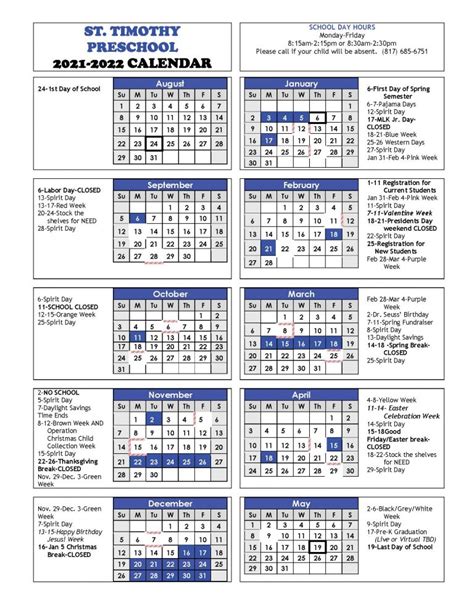 2021 2022 School Year Calendar St Timothy Preschool Aria Art