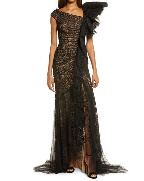 Tadashi Shoji Asymmetrical Ruffle Shoulder Gown In Black Nude Black