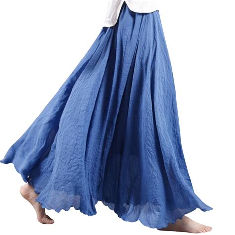 8 Colors Vintage Linen Cotton Skirts Women Elastic Waist Pleated Long Maxi Skirts 2018 Summer