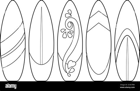 Surfboards Collection Vector Black And White Coloring Page Stock