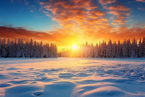 Radiant Winter Sunrise Forest And Field Embrace Sun S Glow Background