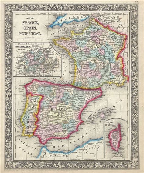 The fastest train normally takes 27h 20m. Map of France, Spain, and Portugal.: Geographicus Rare ...