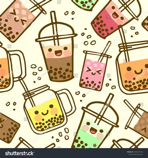 Milk tea cartoon images stock photos vectors shutterstock. Bubble milk tea funny seamless pattern. Hand drawn kawaii smiled drinks. Cute cartoon vector ...