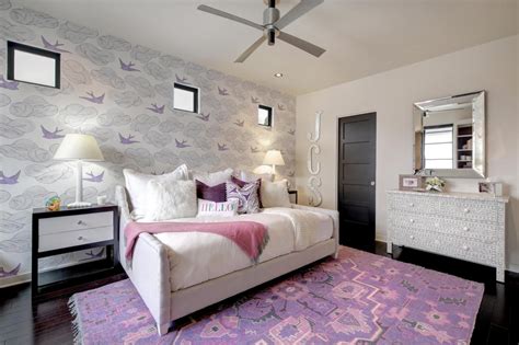 Purple And Gray Transitional Girls Bedroom With Bird