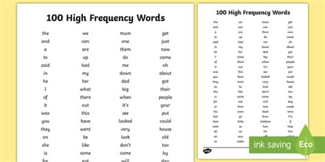 100 High Frequency Words In Order Of Use List Ks1 Resource