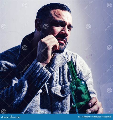 Alcohol Addicted Man Bachelor And Single Lonely Man Drink Wine From