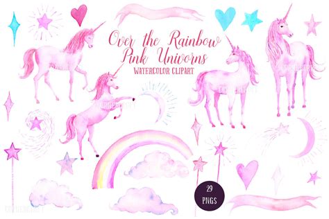 Unicorn Clip Art Over The Rainbow Pink Unicorns Watercolor Unicorn