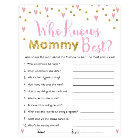 Who Knows Mommy Best Game Pink Hearts Printable Baby Shower Games