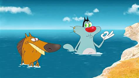 An Animated Dog And Cat Are In The Water Near Each Other One Is
