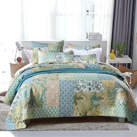 Bohemian Bedspread Quilt Set Cotton Reversible Patchwork Boho