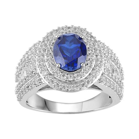 Sterling Silver Lab Created Blue And White Sapphire Tiered Halo Ring