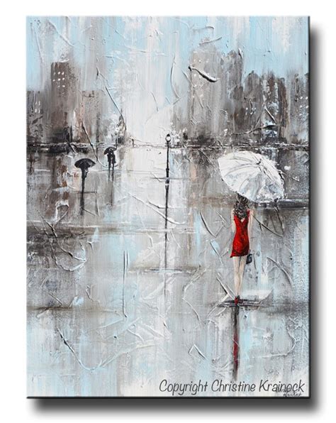 Giclee Print Art Abstract Painting Girl White Umbrella Red