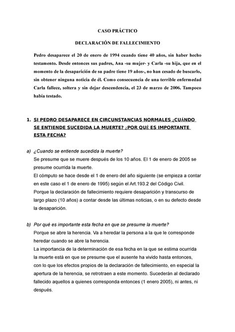 CASO Practico Declaracion Fallecimiento CASO PRÁCTICO DECLARACIÓN DE