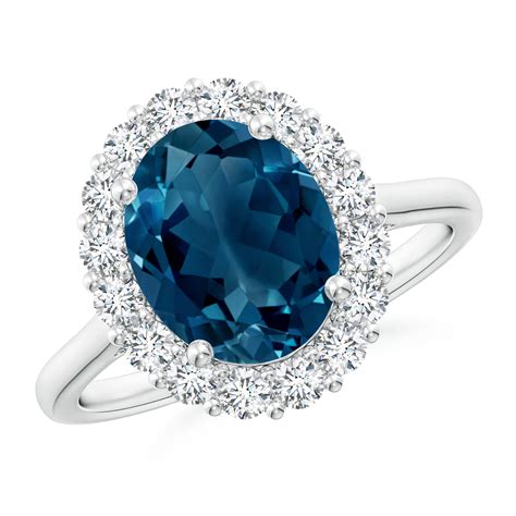 Oval London Blue Topaz Ring With Floral Diamond Halo Angara