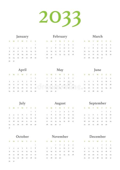 2033 Calendar With The Weeks Start On Monday Stock Vector