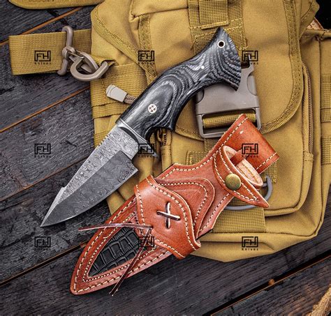 Damascus Knife Hunting Knife With Sheath Fixed Blade Camping Etsy