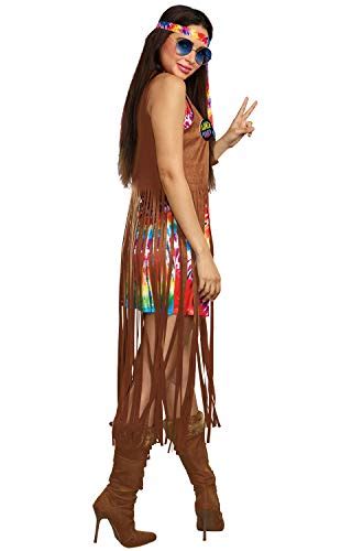 Free shipping | three piece hippie hottie costume includes as rainbow hippie print dress with long sleeves, cut out shoulders, brown faux suede fringe vest. Dreamgirl Women's 1960's Tie-Dyed Hippie Hottie