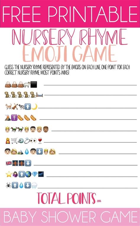 Free Printable Nursery Rhyme Baby Shower Emoji Game Play Party Plan