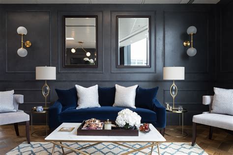 Modern Stylish Lounge Charcoal Blue Wall And Velvet Sofa Central