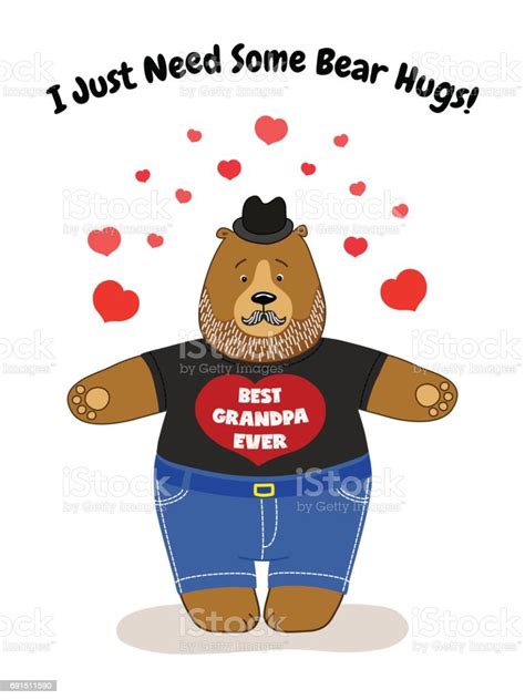 Cute Fathers Day Card With Grandpa Bear Waiting For Hugs Stock
