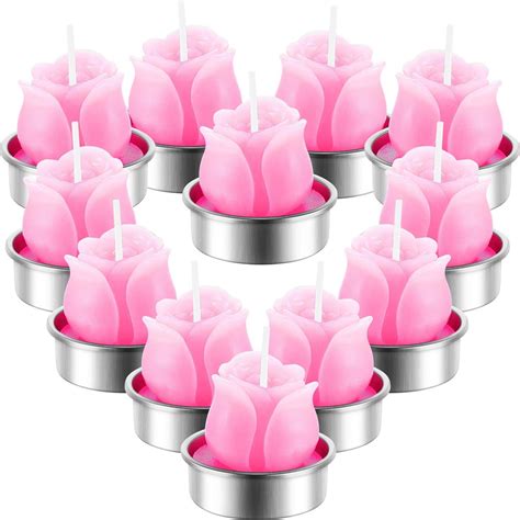 12 Pieces Valentine Pink Rose Tealight Candles Handmade Delicate Rose Flower Candles