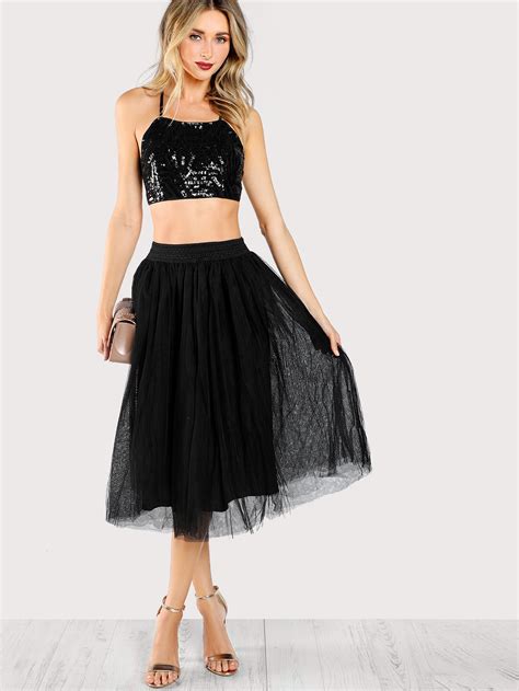 Sequined Spaghetti Strap Crop Top And Matching Skirt Set Black Shein