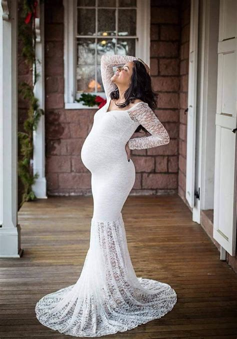 White Patchwork Lace Off Shoulder Mermaid Maternity Long Sleeve Maxi
