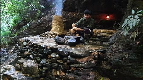 Build An Overnight Shelter In A Rock Cave Cook Survive Camping Youtube