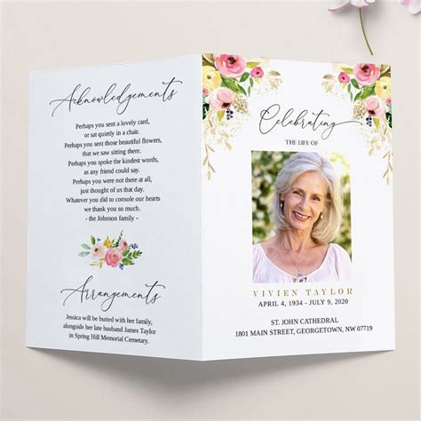 Funeral Program Template Floral Memorial Program Editable Etsy