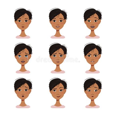 Set Of Facial Expressions Avatars Of African American Woman With