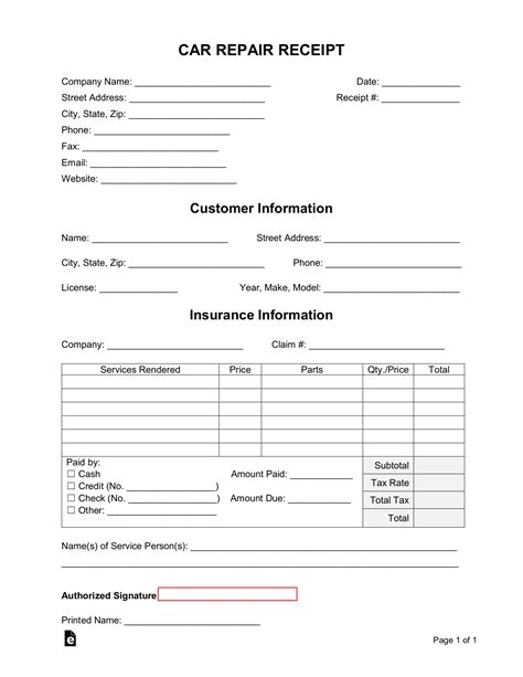 Free Car Vehicle Repair Receipt Template Pdf Word Eforms