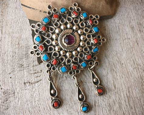 Vintage Taxco Silver Turquoise Coral And Amethyst Brooch Pendant