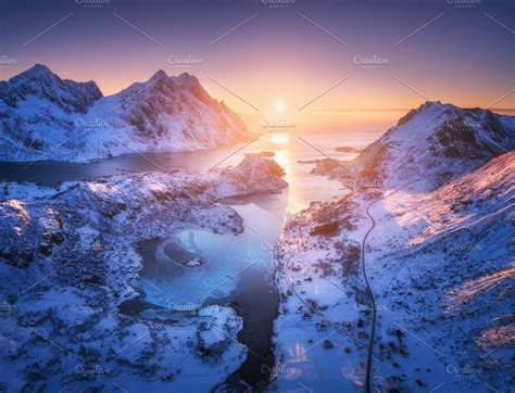 Aerial View Of Snowy Mountains Sea High Quality Nature Stock Photos