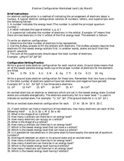The worksheets are offered in developmentally appropriate versions for kids of different ages. Electron Configuration Worksheet