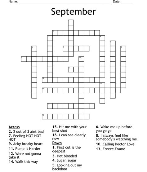 September Crossword Puzzles Printable