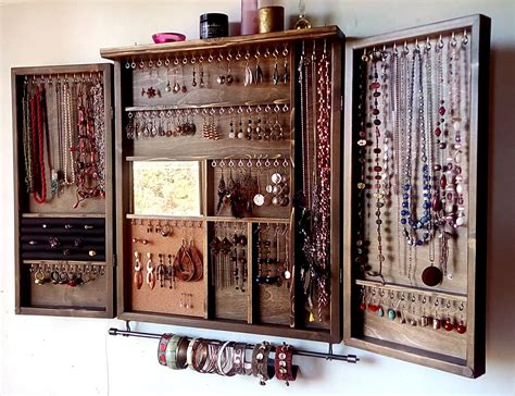 Jewelry Cabinet Large Earrings Closet With Shelf Dark Walnut Etsy