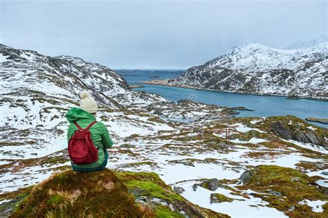 Woman Tourist On Lofoten Islands Norway Stock Image