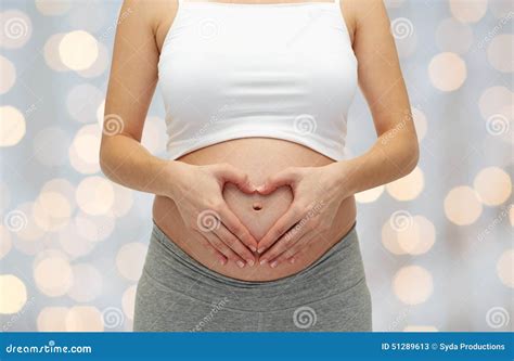Close Up Of Pregnant Woman Touching Her Bare Tummy Stock Image Image Of Heart Happy 51289613