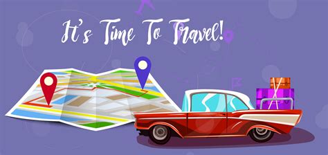 Road Trip With Map Vacation Elements Its Time To Travel Text
