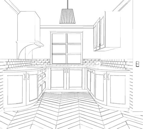 Sketch Cuisine Plan Kitchen In Line Style Vector Illustration Stock