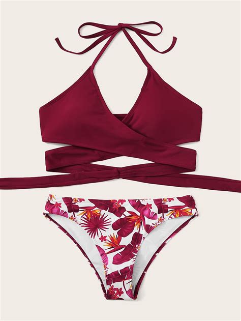 Criss Cross Wrap Top With Tropical Print Bikini Set Romwe