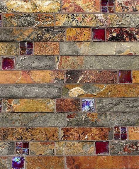 Rustic California Gold Slate Tile Mixed With Burgundy Color Glass