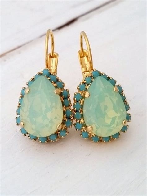 Mint Opal Seafoam Crystal Swarovski Teardrop Earrings Etsy