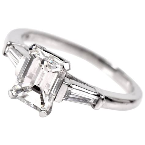 Classic Emerald Cut Diamond Baguette Platinum Engagement Ring For Sale