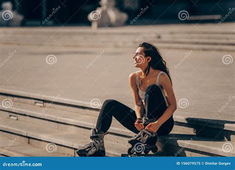 Smiling Girl With Roller Skater Listening Music Stock Image Image Of