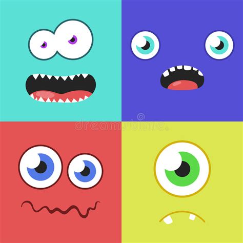 Set Of Cartoon Monster Faces With Different Expression Of Emotions