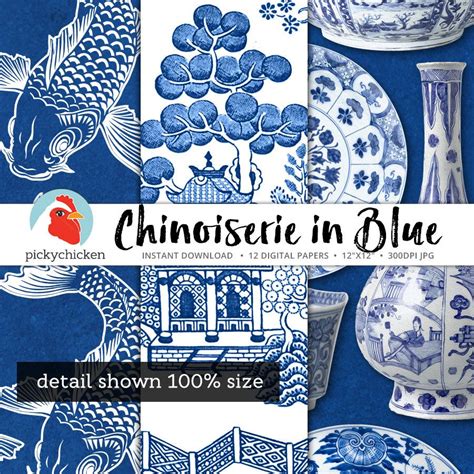 Chinoiserie Digital Paper Chinese Patterns Blue And White Paper French