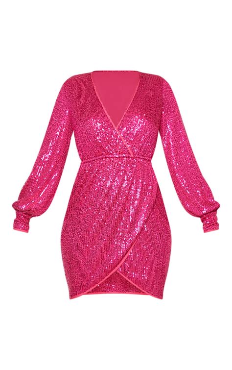 Pink Sequin Long Sleeve Plunge Wrap Dress Prettylittlething Aus