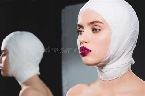 Mirror Reflection Of Attractive Nude Woman With Bandaged Head Stock Image Image Of Head