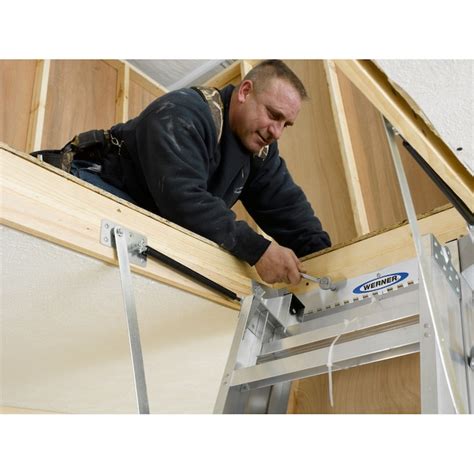 werner aluminum folding attic ladder 8 ft to 10 ft rough opening 22 5 in x 54 in with 375 lb